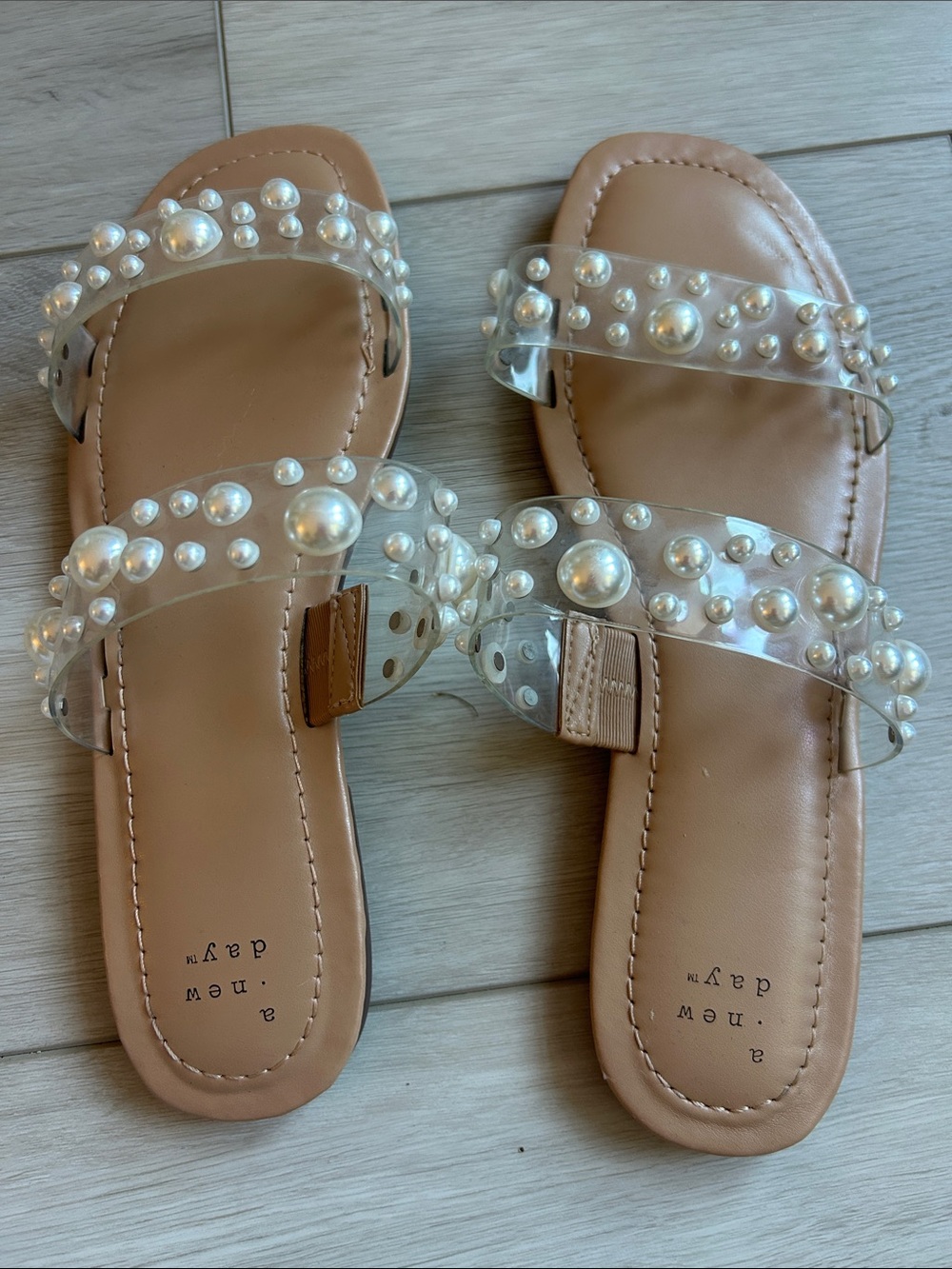 a new day Tan Slide Sandals with Pearl-Studded Clear Straps Never worn outside